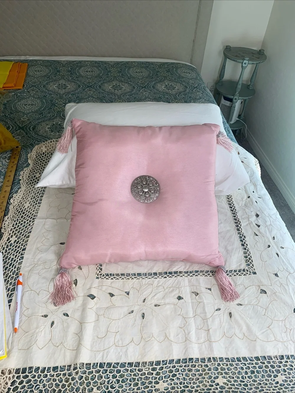 Vintage Pink Silk Accent Pillow w/ silver medallion and tassels 60s 70s